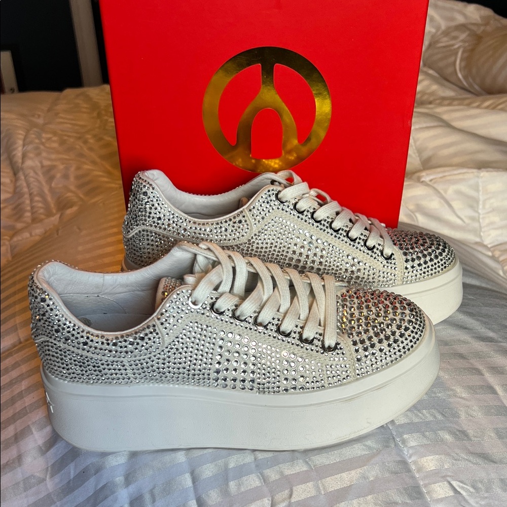 Crystal-Embellished White Platform Sneakers